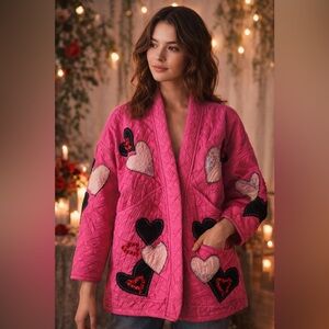 Handmade 🧵 🪡 Upcycled Microfiber Fushia Pink Patchwork Heart Jacket